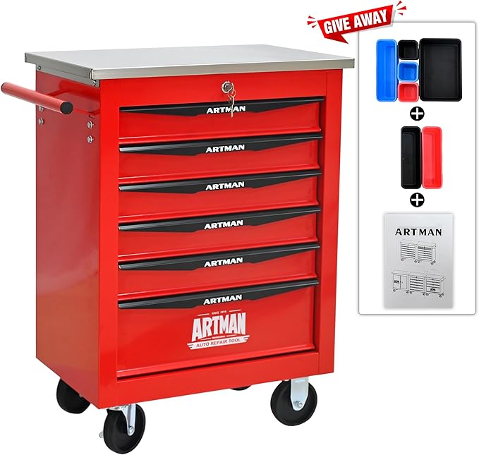 RYH 4/5/6/7 Drawers Rolling Tool Chest -Heavy Duty Mobile Metal Tool Box with Locking Wheels, with Stainless Steel Worktop, Garage Tool Storage Cabinet (Red, 6-Drawers 30.7 H¡¿22.2 W)