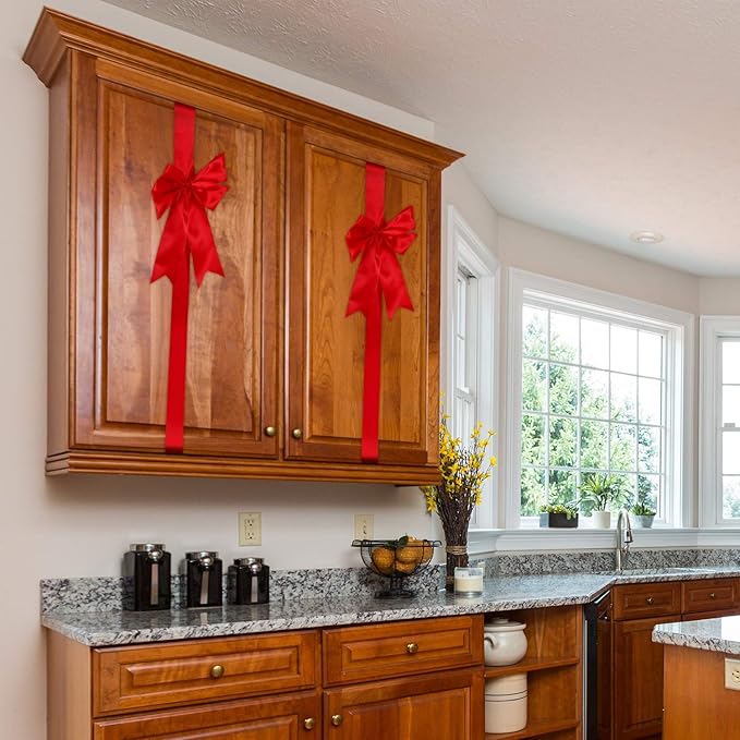 BBTO 6 Pcs Christmas Cabinet Door Red Festive Ribbons 8x40 Inches Large Bow Christmas Wreath Tree Bow Festival Wrapping Decorations for Home Fireplace Door Holiday Party Supplies