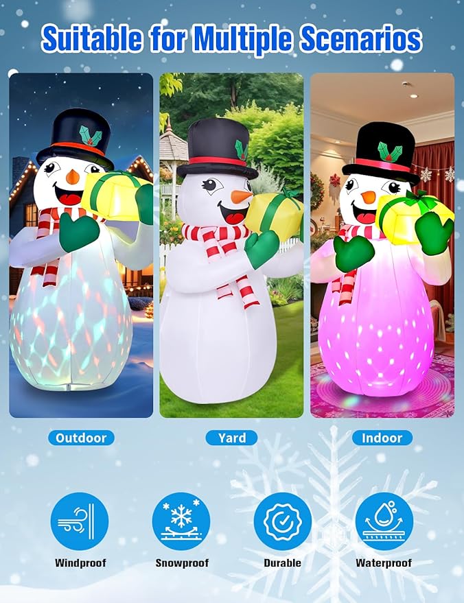 6FT Christmas Inflatables Outdoor Decorations,Inflatable Snowman Holding Gift Box Build-in LED Light-Christmas Blow Up Yard Decorations for for Indoor/Outdoor Holiday Garden Lawn Yard Patio