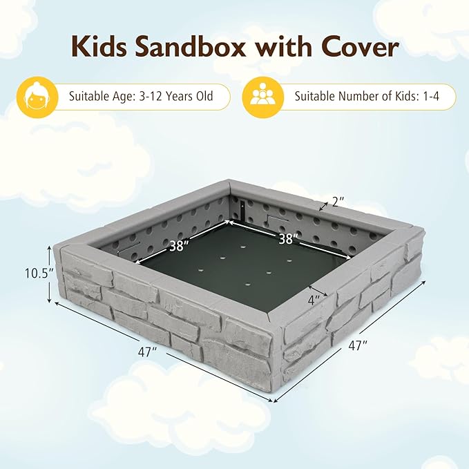 Costzon Kids Sandbox with Cover, 47x 47 HDPE Sand Box w/Oxford Cover, Bottom Liner, Reinforced Structure, Weather Resistant Outdoor Sand Pit for Backyard Lawn Garden Beach (Gray)
