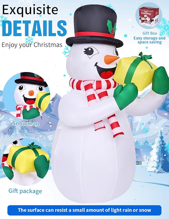 6FT Christmas Inflatables Outdoor Decorations,Inflatable Snowman Holding Gift Box Build-in LED Light-Christmas Blow Up Yard Decorations for for Indoor/Outdoor Holiday Garden Lawn Yard Patio