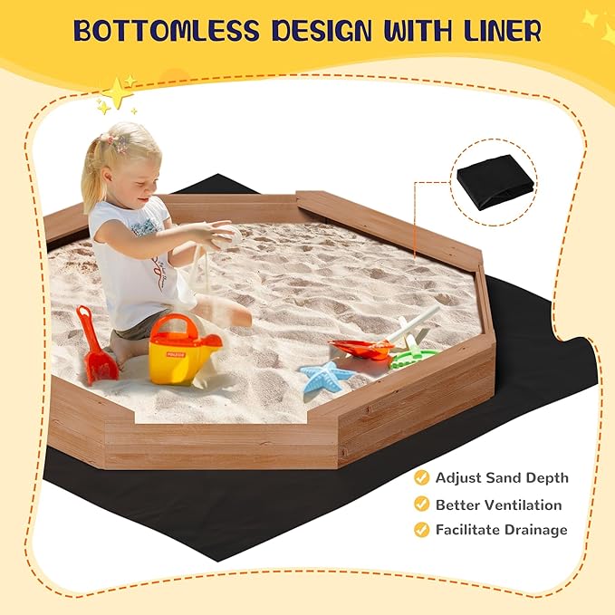 Children's Octagonal Wooden Sandbox with Cover and 4 Sturdy Benches, 8 Seats, Large Wood Octagonal Sandpit for Backyard, Patio, Garden