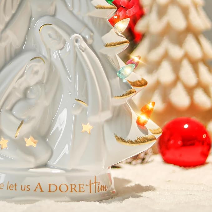 Ceramic Christmas Tree Nativity 14 Inch Tabletop Christmas Tree Vintage Christmas Decoration Battery Operated White XmasTree with Multicolored Lights and Star