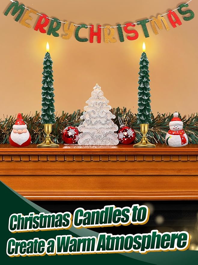 2 Pack Christmas Tree Candles - Real Wax Flameless Taper Candles, 9.7in Green Candlesticks for Home Table Metal Xmas Holiday Indoor Decorations Gifts