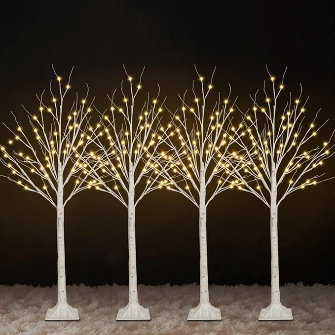 4-Pack 4FT Lighted Birch Trees (Higher Size & Floor Standing), 192 LED Twinkling Birch Christmas Tree Lights for Indoor & Outdoor, 2 Modes Warm White Tree Lights for Christmas Thanksgiving Home Decor