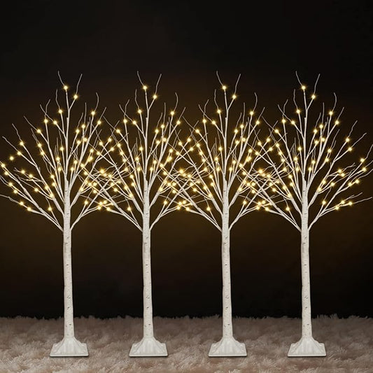 4-Pack 4FT Lighted Birch Trees (Higher Size & Floor Standing), 192 LED Twinkling Birch Christmas Tree Lights for Indoor & Outdoor, 2 Modes Warm White Tree Lights for Christmas Thanksgiving Home Decor