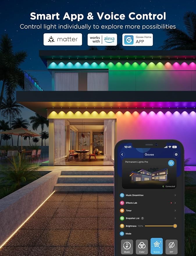 Govee Permanent Outdoor Lights Pro, 150ft with 90 RGBIC LED Lights for Daily and Accent Lighting, 75 Scene Modes for Outdoor Decor, IP67 Waterproof, Works with Alexa, Google Assistant, Matter, Black