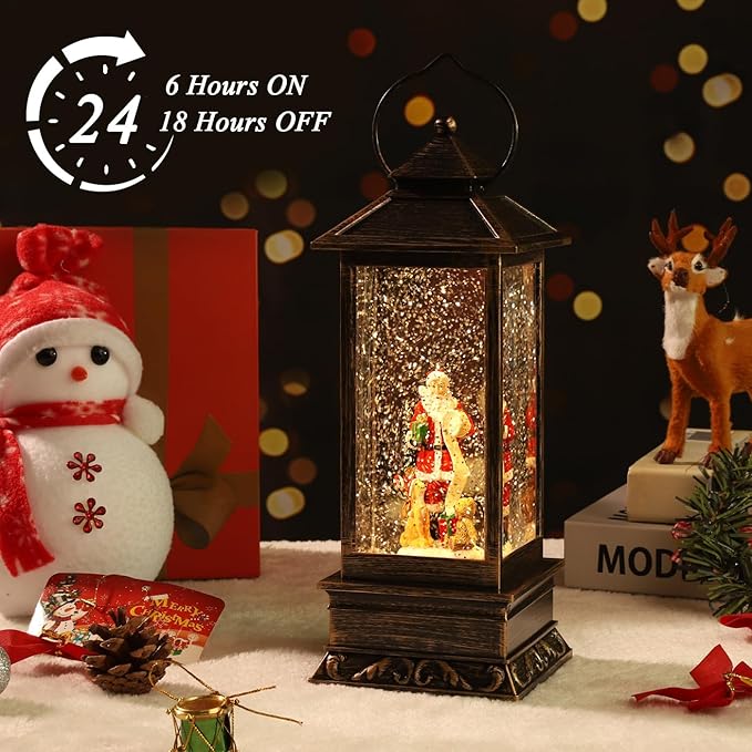 Musical Rotating Christmas Snow Globe Lantern with Santa Claus - Lighted Sparkling Water Lantern with 8 Festive Songs & Timer, Indoor Christmas Decorations for Home/Party