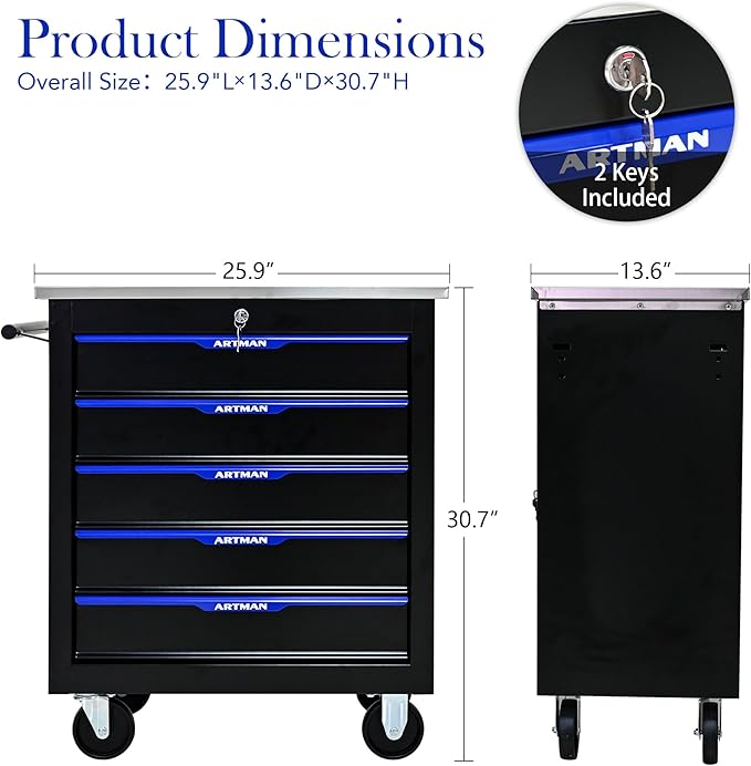 RYH 4/5/6/7 Drawers Rolling Tool Chest -Heavy Duty Mobile Metal Tool Box with Locking Wheels, with Stainless Steel Worktop, Garage Tool Storage Cabinet (Black-Blue, 5-Drawers 30.7 H¡¿25.9 W)