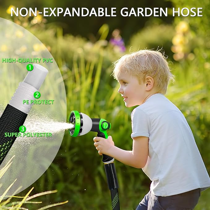 Garden Hose 50 FT, NON-EXPANDABLE Heavy-Duty Flexible & Lightweight Water Hose with 10-Function Nozzle, No-Kink Design, Leak-Proof Super Fabric, Solid Fittings for Lawn, Car, RV