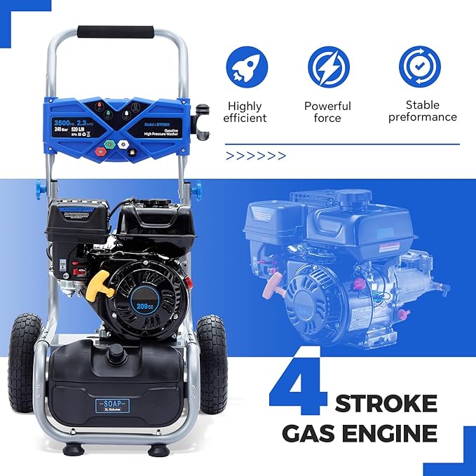 Gas Pressure Washer, 3500 PSI 2.3 GPM Power Washer with 209CC Engine, 4 Quick-Connect Nozzles, 25FT Hose, 3L Soap Tank, High Pressure Washer for Car, Driveway, Fence, Patio, Home Cleaning