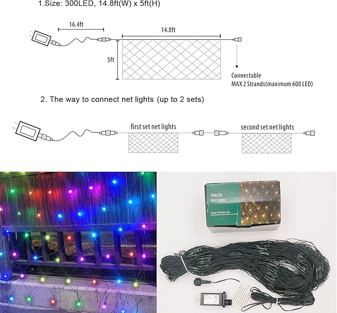 OYCBUZO 300 LED Christmas Net Lights, 14.8ft x 5ft Mesh Lights Outdoor 8 Modes Green Wire, Waterproof Connectable String Lights Plug in for Bushes Xmas Tree Garden Holiday Party Decor - Multicolor