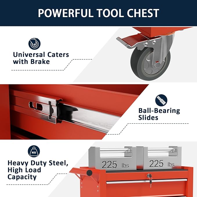 5-Drawer Metal Rolling Tool Chest with Wheels,Tool Storage Cabinet with Locking System£¬Toolbox with Wheels for Garage, Warehouse, Workshop, Repair Shop (Red, 5-Drawer)