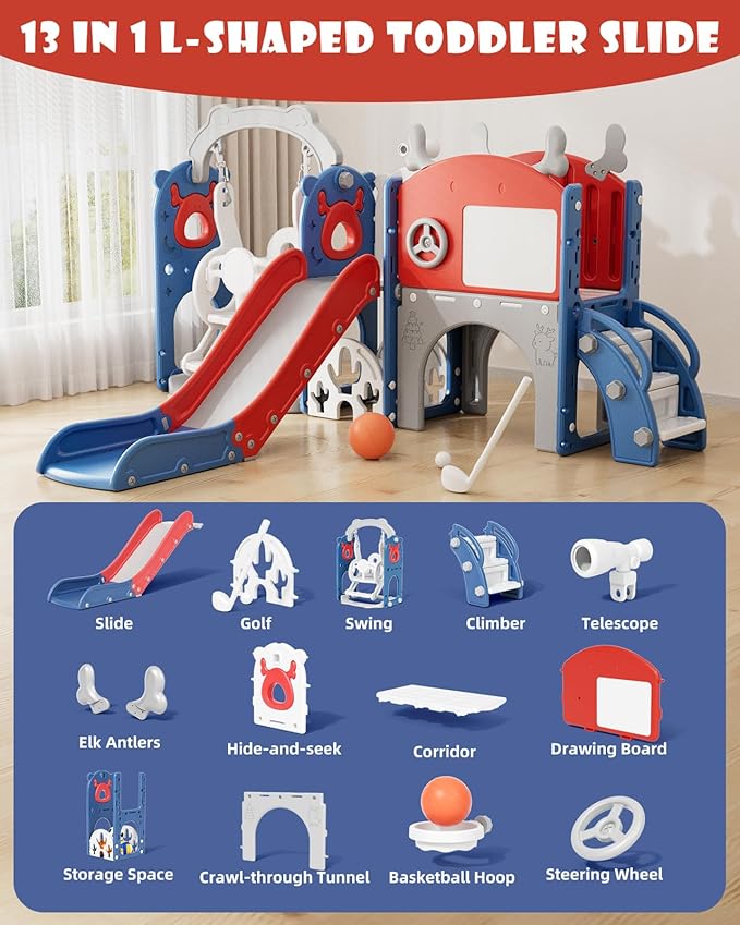 XJD 13-in-1 Toddler Slide and Swing Set, Kids Slide for Toddlers Age 1+, Toddler Outdoor Playset New Upgrade with Golf Set, Basketball Hoop, Drawing Board for Playground (Red Blue)
