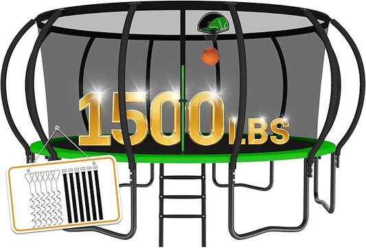 Tranpoline 1500LBS 8 10 12 14 15 16 FT Tranpoline for Kids and Adults Tranpoline with Enclosure Net, Wind Stakes, Basketball Hoop, Heavy Duty Recreational Tranpolines - ASTM Approved