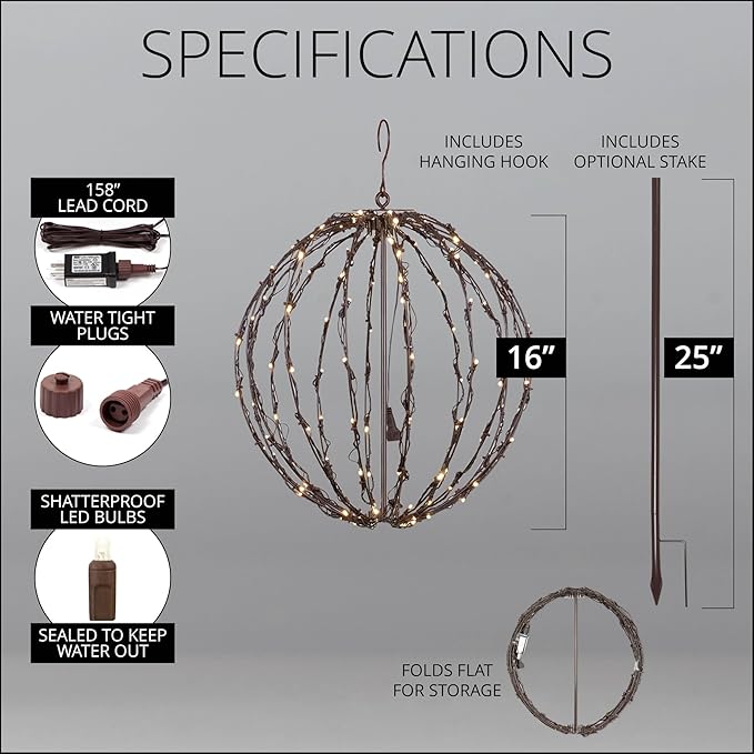 Wintergreen Lighting LED Light Ball - Indoor/Outdoor Christmas Light Balls, Fold Flat Metal Frame (16, Brown Frame, Warm White Lights)