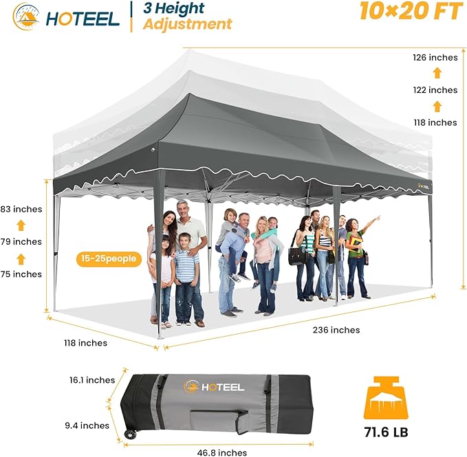 HOTEEL 10×20 Pop Up Canopy Tent UV 50+ and Waterproof, Thickened Frame, Large Space Easy Outdoor Pop Up Canopy for Wedding, Beaches, Parties, Patio (Grey)