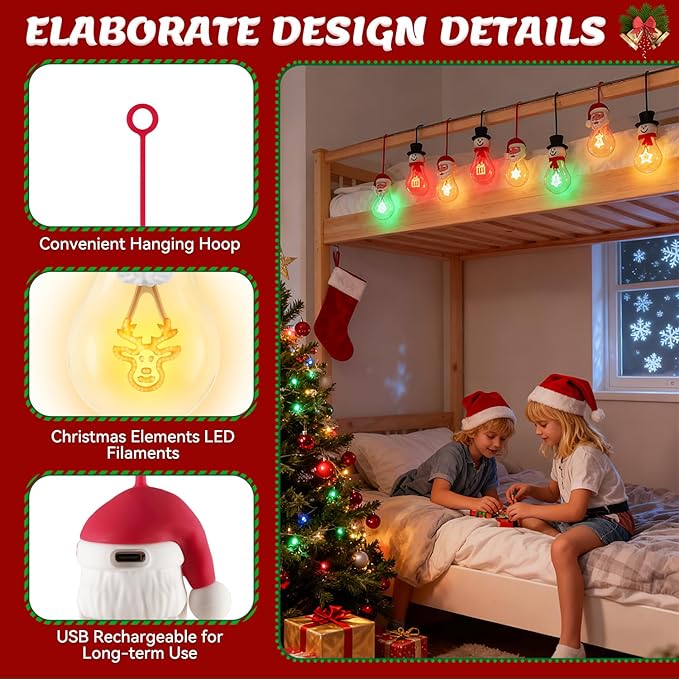 Brightever 4-Pack Hanging Christmas Lights for Christmas Tree Decor, USB Rechargeable Christmas Light Bulbs Portable Decorations with Xmas Elements Filament, Great Gift for Coworkers, Friends