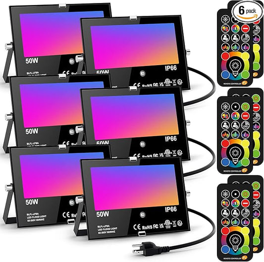 LED Flood Light Outdoor 500W Equivalent Color Changing Landscape Lighting, 24H Timing+120 Colors Strobe+2700K Warm White+DIY Flash IP66 Waterproof Up Stage House RGB Led Light Indoor US 3-Plug 6Pack