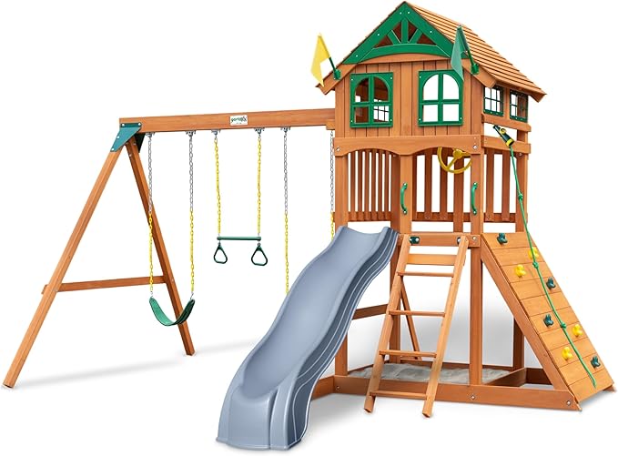 Gorilla Playsets 01-1063-GREY Outing Wood Swing Set with Wood Roof, Climbing Wall, Swings, and Grey Slide, Amber