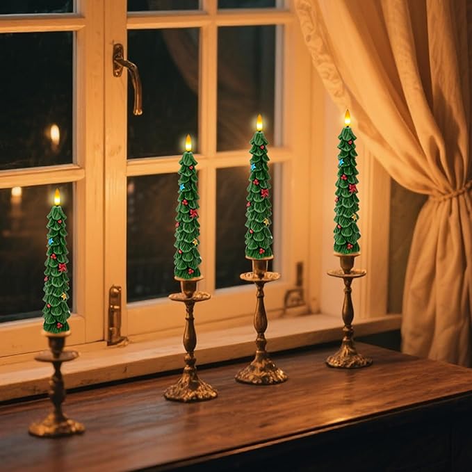 BOSONER Christmas Tree Candles for Home: 4 Pcs Flameless Taper Candle Lights Battery Operated with Remote and Timer - Christmas Decorations for Dining Table & Fireplace