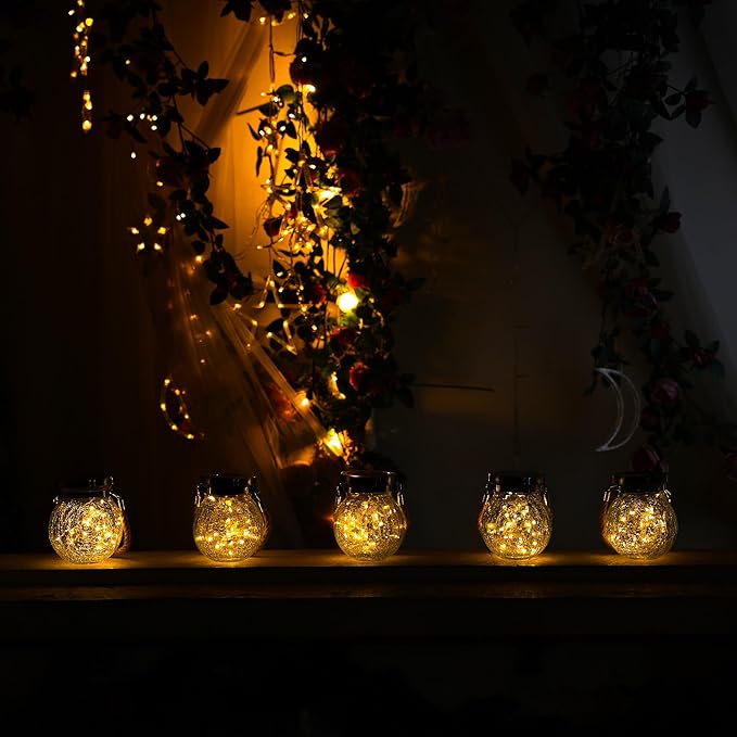 Cooo Christmas Gifts 6 Pack Heavy Crackle Glass Solar Lantern with 30 LED Firefly Lights– Waterproof Outdoor Hanging Lamp 215% Larger Solar Panel, Stainless Steel Lid Decorative Lighting for Garden