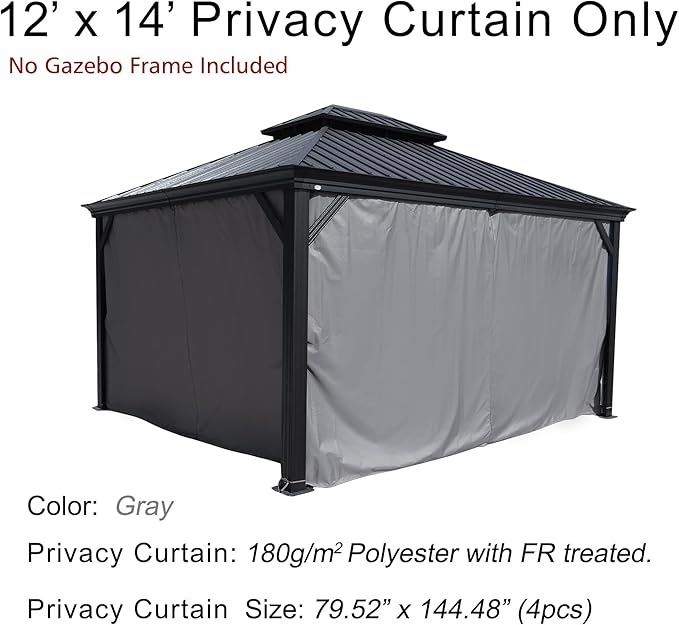 Kozyard Gazebo Privacy Curtain Outdoor Waterproof Sidewall for Hardtop Patio Gazebo Curtains for Alexander Caesar Rosana Apollo Model (12ft x 14ft, Gray)