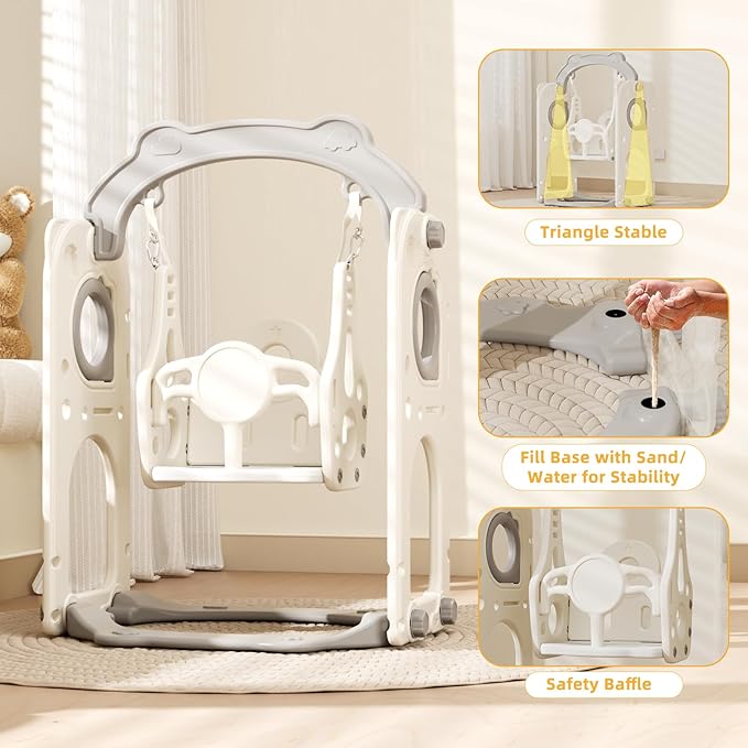 67i Toddler Indoor Playground Slide and Swing Set with Climbing Arch, Golf, Basketball - Outdoor Playset for Toddlers 1-3, Kids Activity Center (White Gray, with Swing)