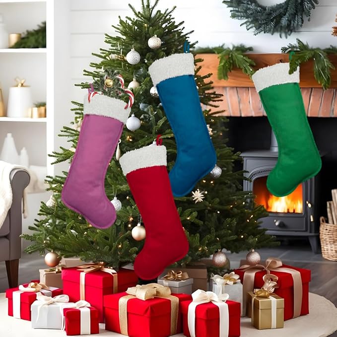6Pack Traditional Christmas Stockings 20 Inches – Large Holiday Velvet Xmas Stockings for Fireplace, Home, Office & School Decorations – Classic Plain Christmas Stockings for Family or Business Use