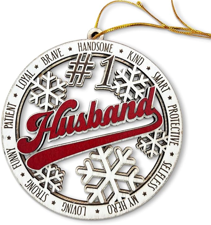#1 Husband Wooden Christmas Ornament – Rustic Holiday Tree Hanging Decoration, Romantic Xmas Gift for Husband, Anniversary or Stocking Stuffer Keepsake
