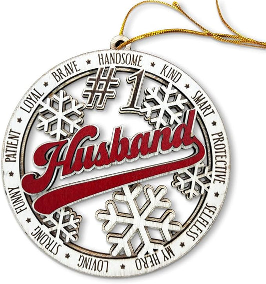 #1 Husband Wooden Christmas Ornament – Rustic Holiday Tree Hanging Decoration, Romantic Xmas Gift for Husband, Anniversary or Stocking Stuffer Keepsake