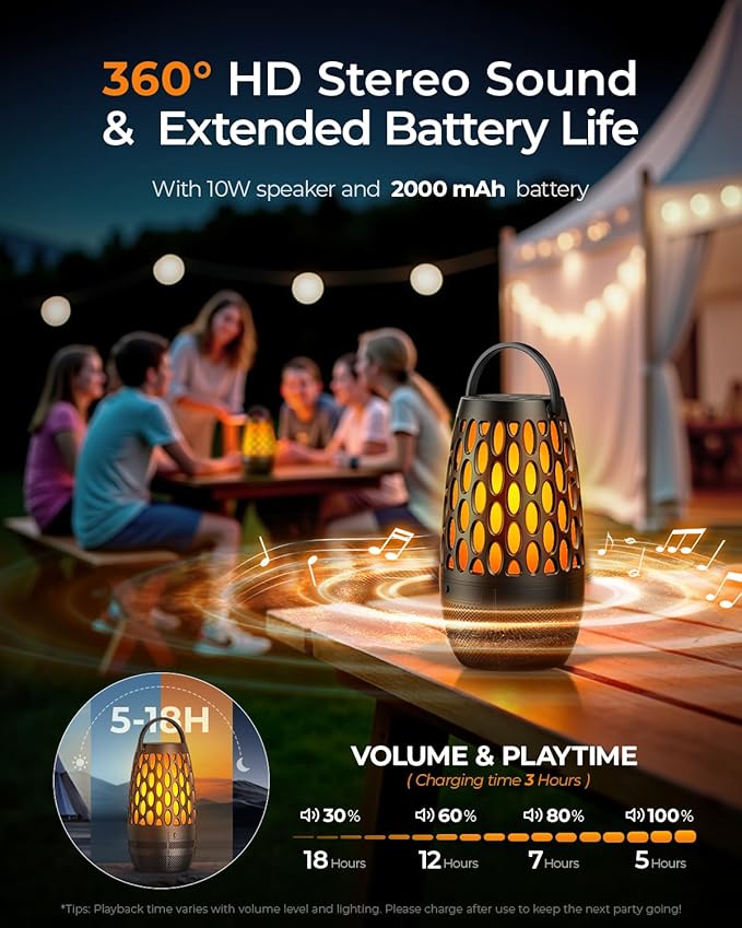Outdoor Speakers Bluetooth Waterproof IPX6 with Flame Lights, Gadget Gifts for Dad, Hd Stereo Sound, BT 5.3 Multi-Sync to 100 Speakers, Portable Wireless Speaker for Patio Cafe Decor Party -1Pack