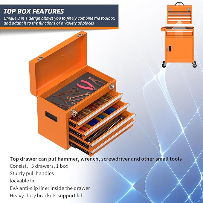 5-Drawer High Capacity Rolling Tool Box, Removable Cabinet Storage Tool Chest with Wheels and Drawers, Detachable Toolbox with Lock for Mechanics Garage Workshop and Tool Room (Orange)