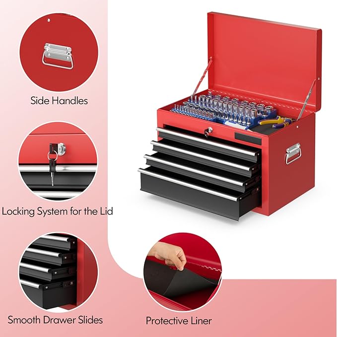 ERGOMASTER Rolling Tool Chest - Removable Top Box Large Bottom Cabinet with Casters and Lock System Tool-Box - Heighten 6-Drawer Red