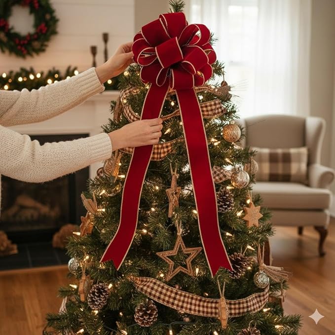 CT CRAFT LLC Red Wine Velvet Christmas Tree Topper Bow 11" with 4 Ribbon Streamers x 3 Yards Long Each for Holidy Elegant Fancy Home Décor Indoor
