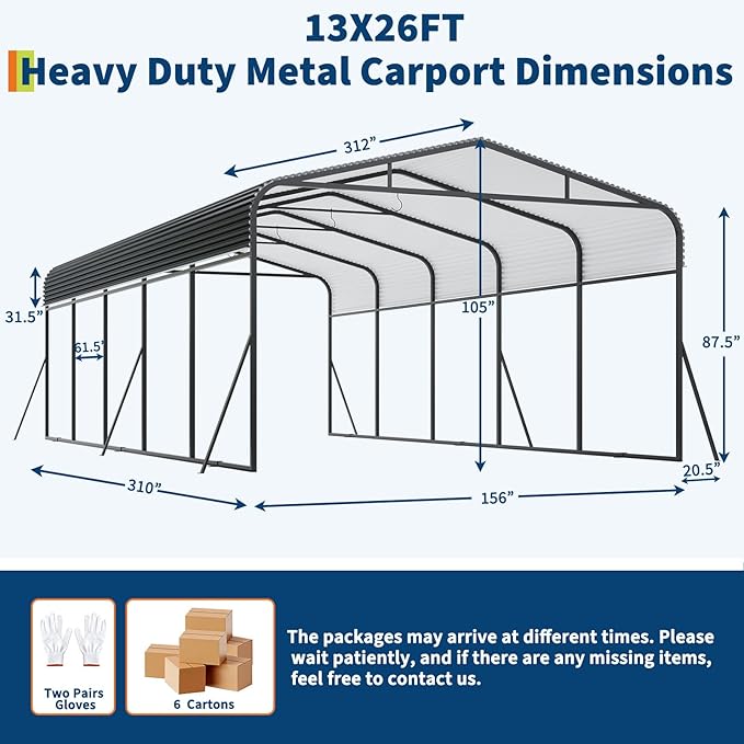 Metal Carport, 13x26 FT Outdoor Carport Canopy with Reinforced Base and Galvanized Steel Roof, Heavy Duty Garage Car Shelter Shade for SUV, Truck, Boats