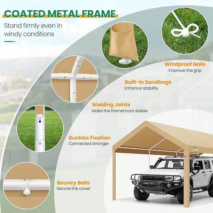COBIZI Carports 10x20 Heavy Duty Canopy Car Garage with Windproof Ropes & Built-in Sandbags, Car Port Canopy Tent Waterproof & UV Protected for Car Boat Truck, Khaki