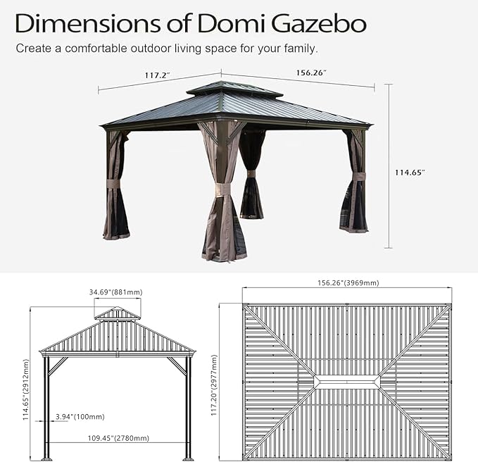 Domi 10x13FT Outdoor Gazebo, Hardtop Gazebo with Galvanized Steel Double Roof, Metal Gazebos with Drainage System Patio Pergola for Patio Deck Backyard,Curtain and Netting,Brown