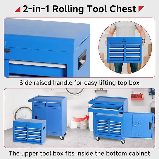 Rovibek Rolling Tool Chest, 5-Drawer Rolling Tool Box on Wheels, Metal Tool Chest with Foam Packaging, Lockable Wheels, Detachable Top Tool Box, Tool Storage Box for Garage Workshop Warehouse