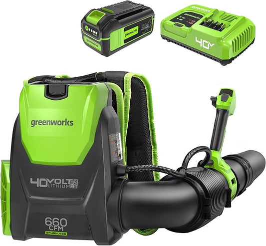 Greenworks 40V (660 CFM / 165 MPH) Brushless Backpack Leaf Blower, Commercial-Grade Power for Yards, Driveways, Patios, Includes 5.0Ah Battery & 5A Rapid Charger