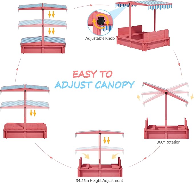 Sandbox with Lid & Cover, Wooden Kids Outdoor Sand Box with Height-Adjustable UV-Resistant Canopy, 2 Foldable Bench Seats & Bottom Liner, 43x43 Inch, Perfect for Backyard, Beach, Garden Play