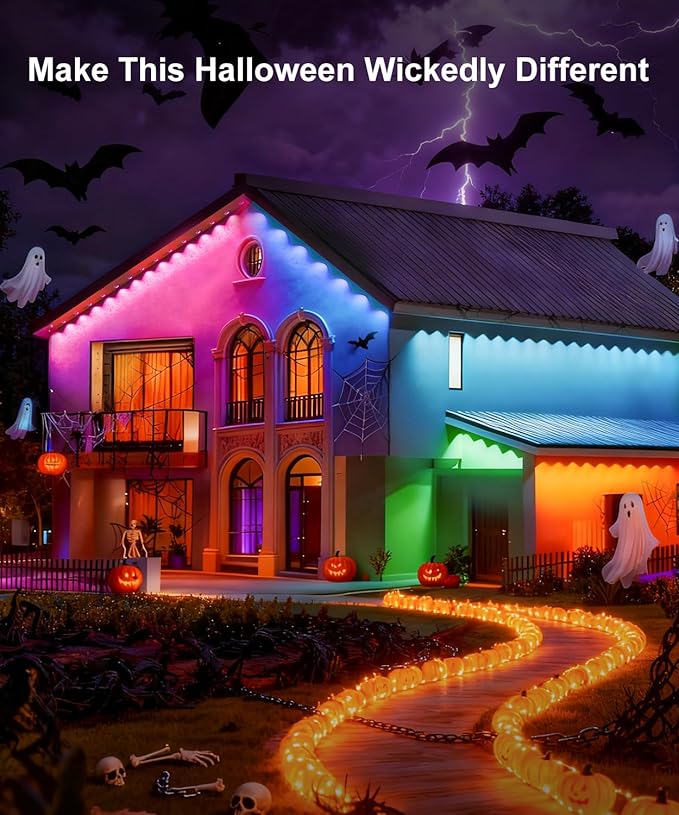 200Ft Permanent Outdoor Lights for House, RGB Halloween House Light Outdoor with Remote APP Control,IP67 Waterproof for Outside Decorations，Eaves Lights for Christmas, Holiday, Party, Daily