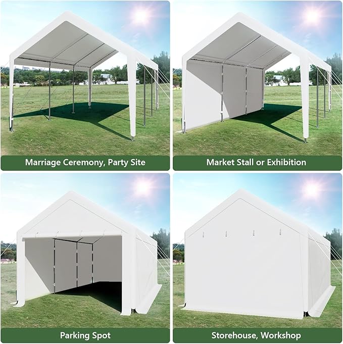 10x20 ft Heavy Duty Carport, Carports Garage with Removable Sidewalls and Reinforced Structure, Outdoor Car Canopy Tent Shelter for Vehicle and Boat (White)