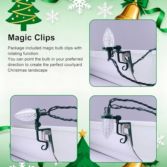 C9 LED Outdoor Christmas Lights,C9 String Lights with Quick Clips,for Xmas House Roof Gutter,Plug in & Connectable,132FT 200 Light,Warm White Faceted