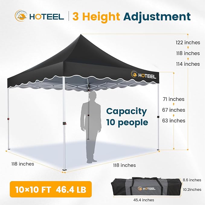 HOTEEL 10×10 Pop Up Canopy with 4 Sidewalls, UV 50+ and Waterproof 10×10 Canopy Tent, Thickened Frame, Large Space Easy Pop Up Canopy, Outdoor Canopy for Weddings, Beaches, Parties, Patio (Black)