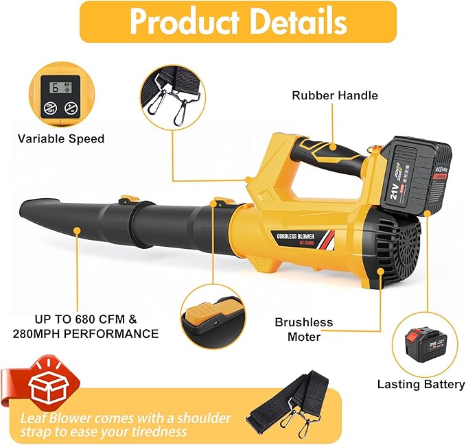 Electric Leaf Blower Cordless, Battery Powered Leaf Blower with 2 x 6.0Ah Batteries and Charger, 6 Speed Mode, 650 CFM 280 MPH Lightweight Leaf Blowers for Lawn Care, Patio, Dust, Blowing Leaves, Snow