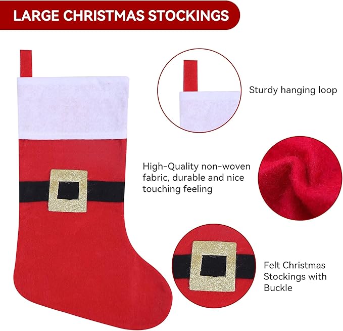12 Pack Felt Christmas Stockings with Buckle, 19 Inches Red and White Christmas Stockings Hanging Ornaments, White Cuff with Buckle Christmas Stocking for Family Christmas Holiday Decorations
