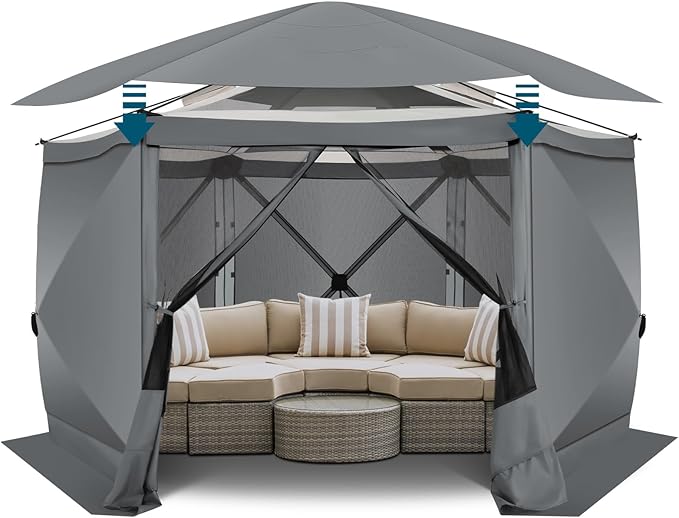 COBlZl Pop Up Gazebo 12x12 Screen House Tent for Camping, Outdoor Instant Stargazing Gazebo Canopy with Awning 2.0, Portable Hub Tent with Removable Sidewalls,Pavilion for Backyard,Gray