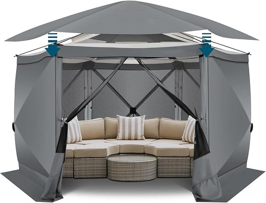 COBlZl Pop Up Gazebo 12x12 Screen House Tent for Camping, Outdoor Instant Stargazing Gazebo Canopy with Awning 2.0, Portable Hub Tent with Removable Sidewalls,Pavilion for Backyard,Gray