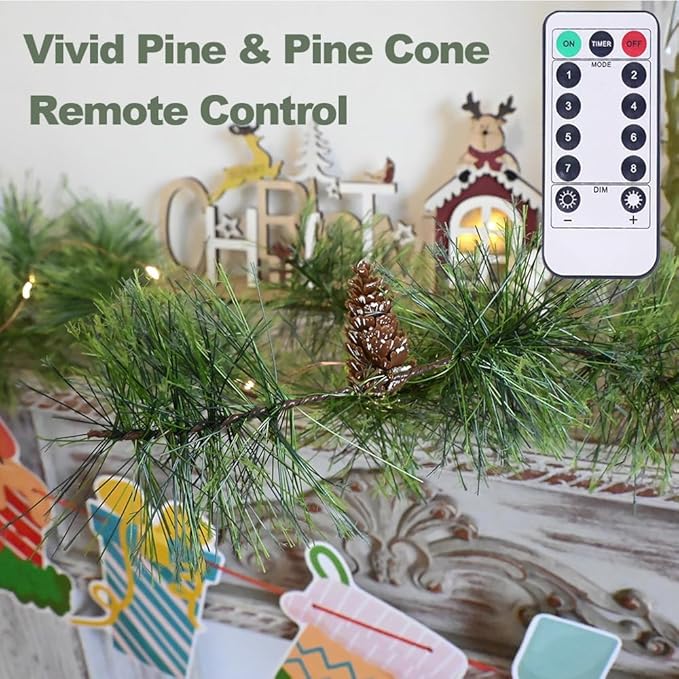 Remote Christmas Smokey Pine Garland with Lights 6.56FT Garlands with Timer 30 LED Fairy Lights Battery Operated Garland Lights with Pinecones Christmas Pre-lit Light for Home